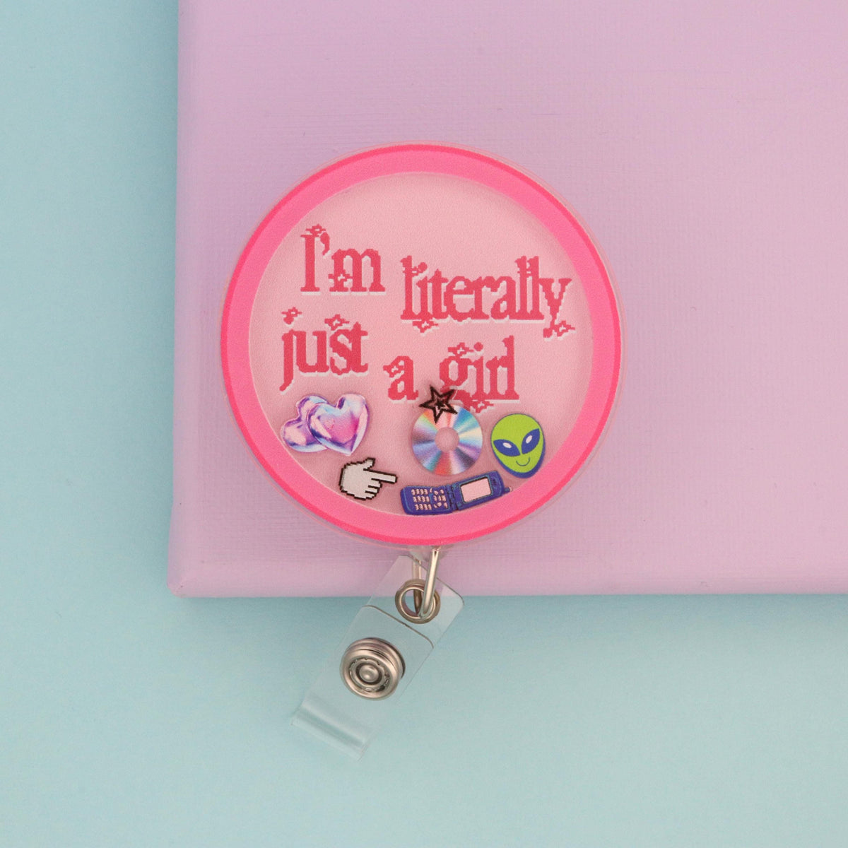 I'm Literally Just A Girl Shaker Badge Reel | Y2K Pink ID Holder | Girly Nurse Gift