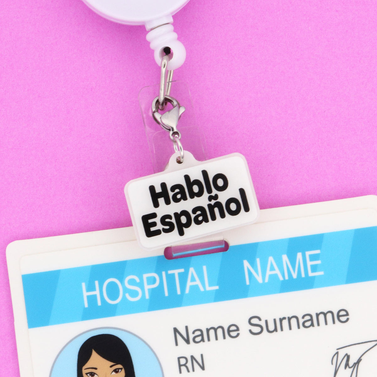 Hablo Español Badge Reel Charm | Spanish Speaker Nurse Accessory | Bilingual Acrylic Clip-On Gift