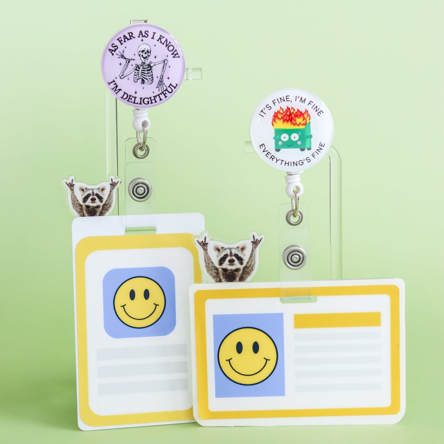Cute raccoon badge topper on ID badge clip