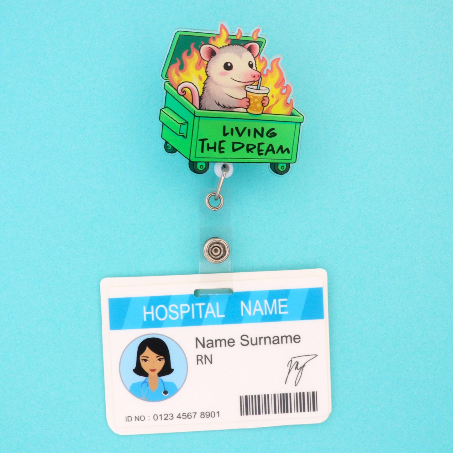 Possum Dumpster Fire Badge Reel: Funny Retractable ID Holder