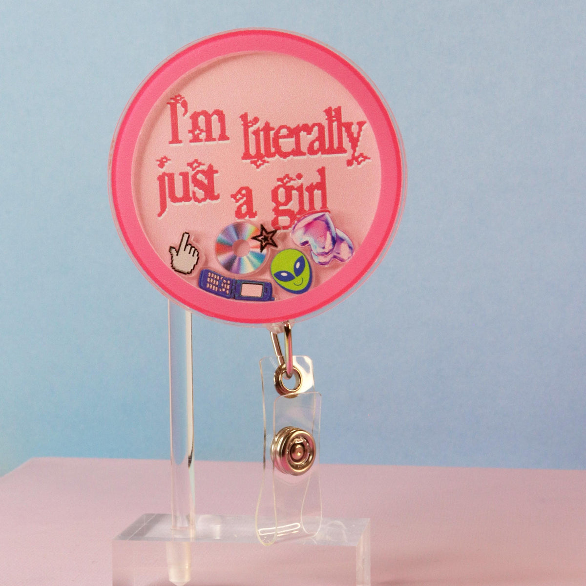 I'm Literally Just A Girl Shaker Badge Reel | Y2K Pink ID Holder | Girly Nurse Gift