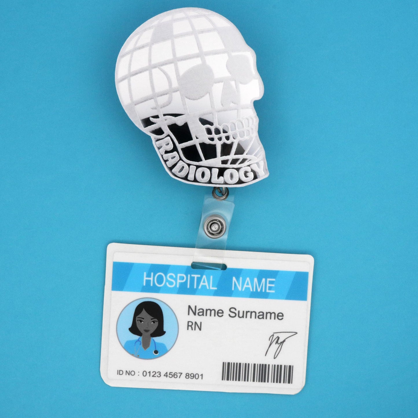 Disco Ball Skull Badge Reel | Radiology Engraved Mirror Acrylic | Retractable ID Holder