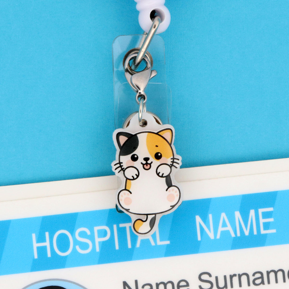 Cat Badge Reel Charm | Kawaii Kitty Double-Sided Acrylic Clip-On | Vet Tech Gift