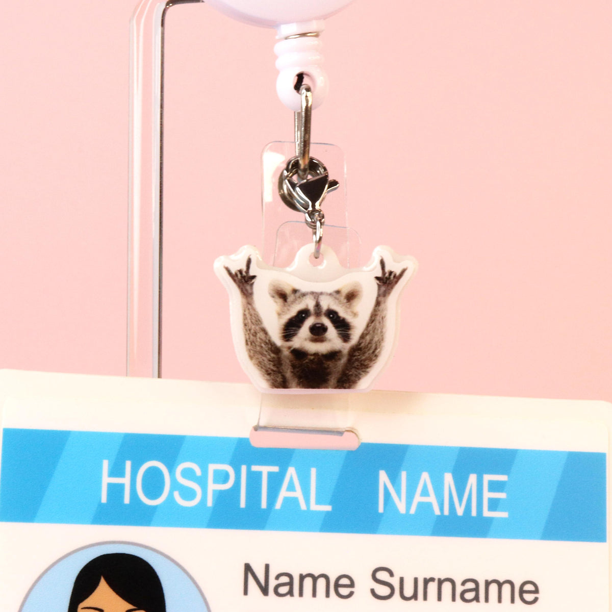 Raccoon Badge Reel Charm | Acrylic Dangle for Nurses, Chaos Gremlin Design