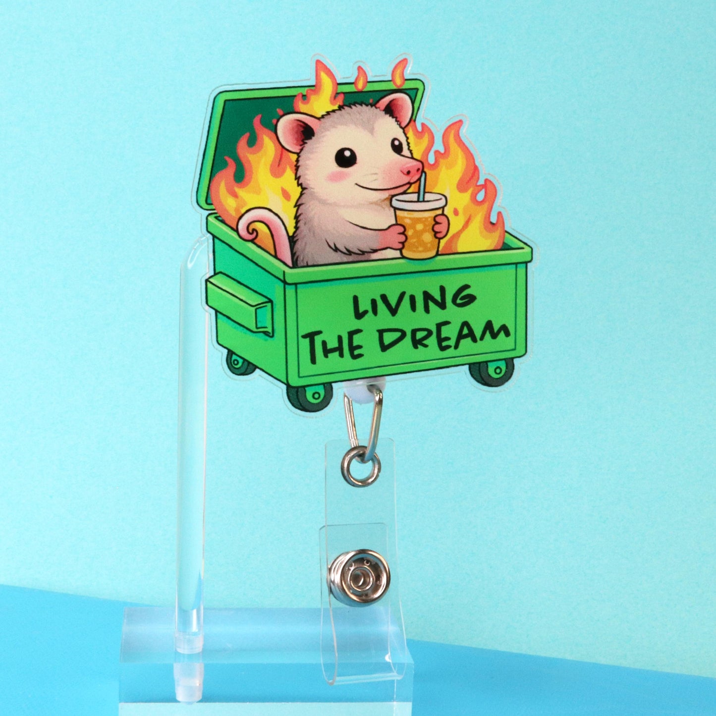 Possum Dumpster Fire Badge Reel: Funny Retractable ID Holder