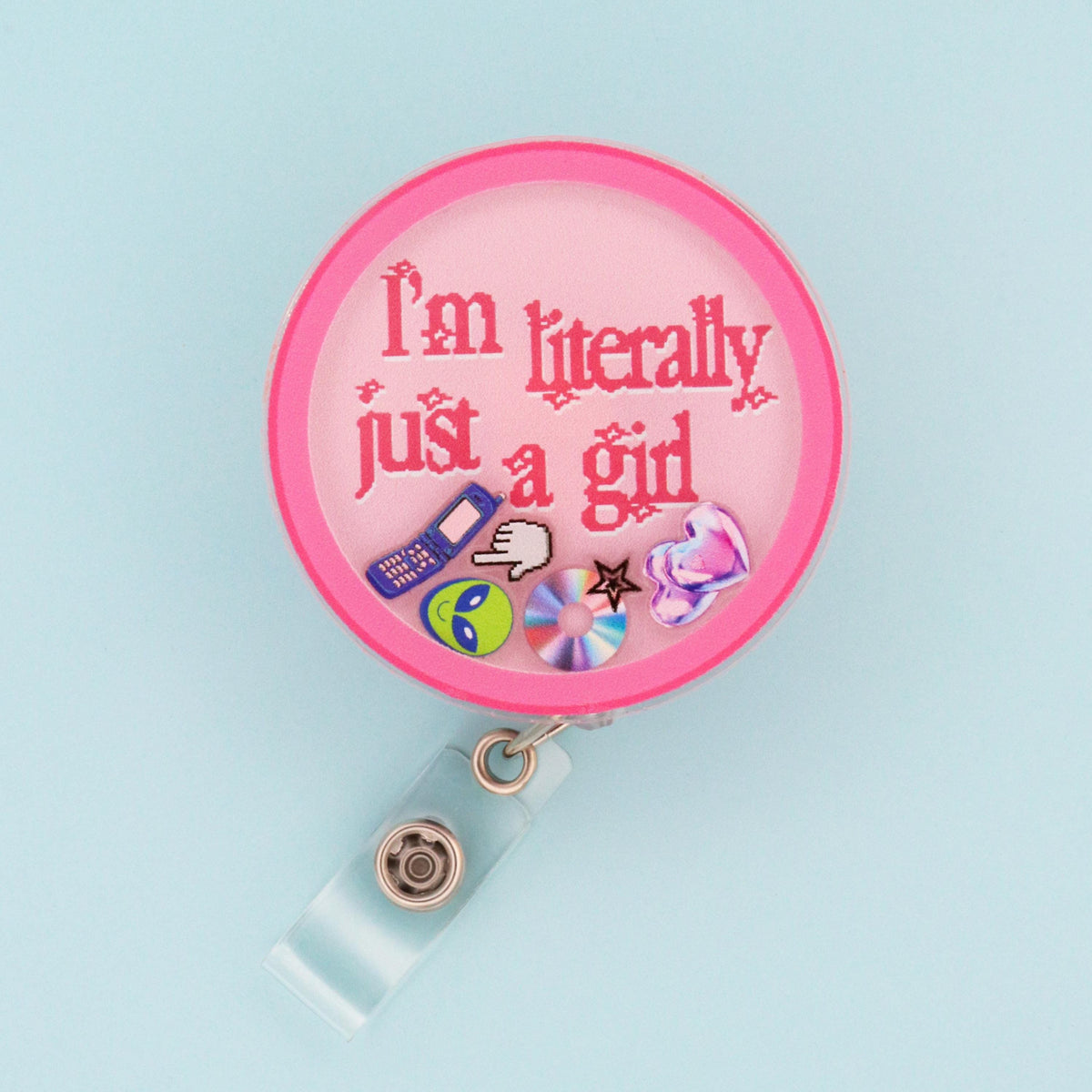 I'm Literally Just A Girl Shaker Badge Reel | Y2K Pink ID Holder | Girly Nurse Gift