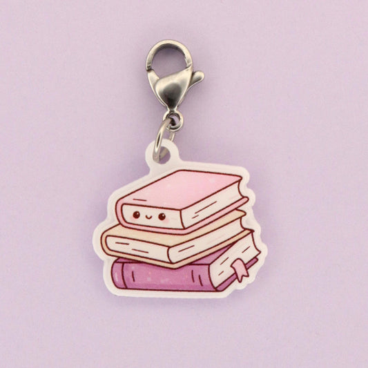 Interchangeable Badge Charm | Kawaii Book Stack | Pastel Purple Pink Librarian Teacher Nurse Gift