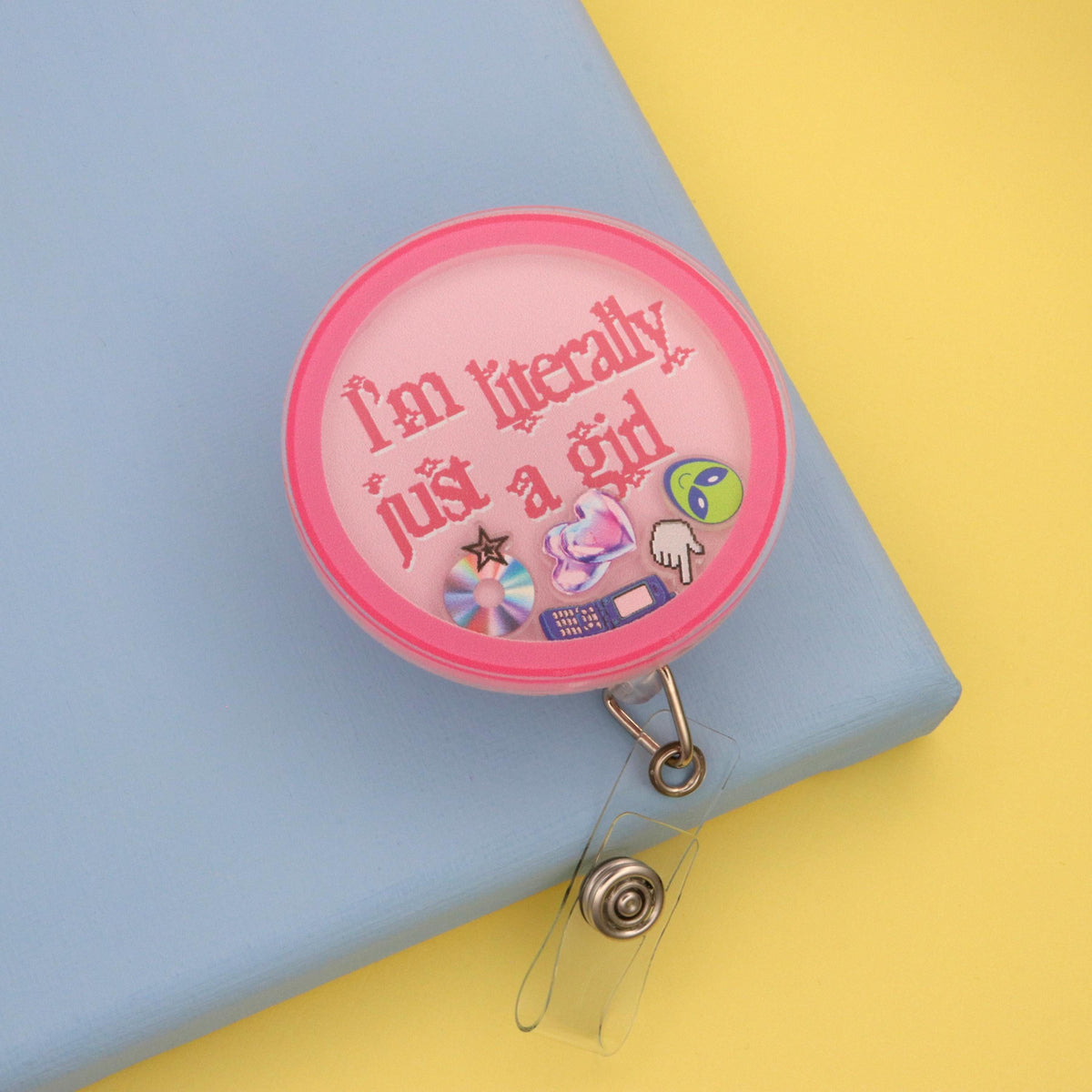 I'm Literally Just A Girl Shaker Badge Reel | Y2K Pink ID Holder | Girly Nurse Gift