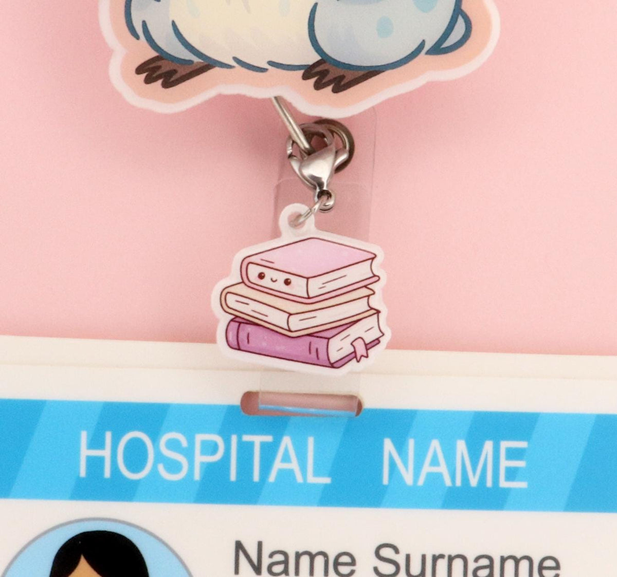 Interchangeable Badge Charm | Kawaii Book Stack | Pastel Purple Pink Librarian Teacher Nurse Gift