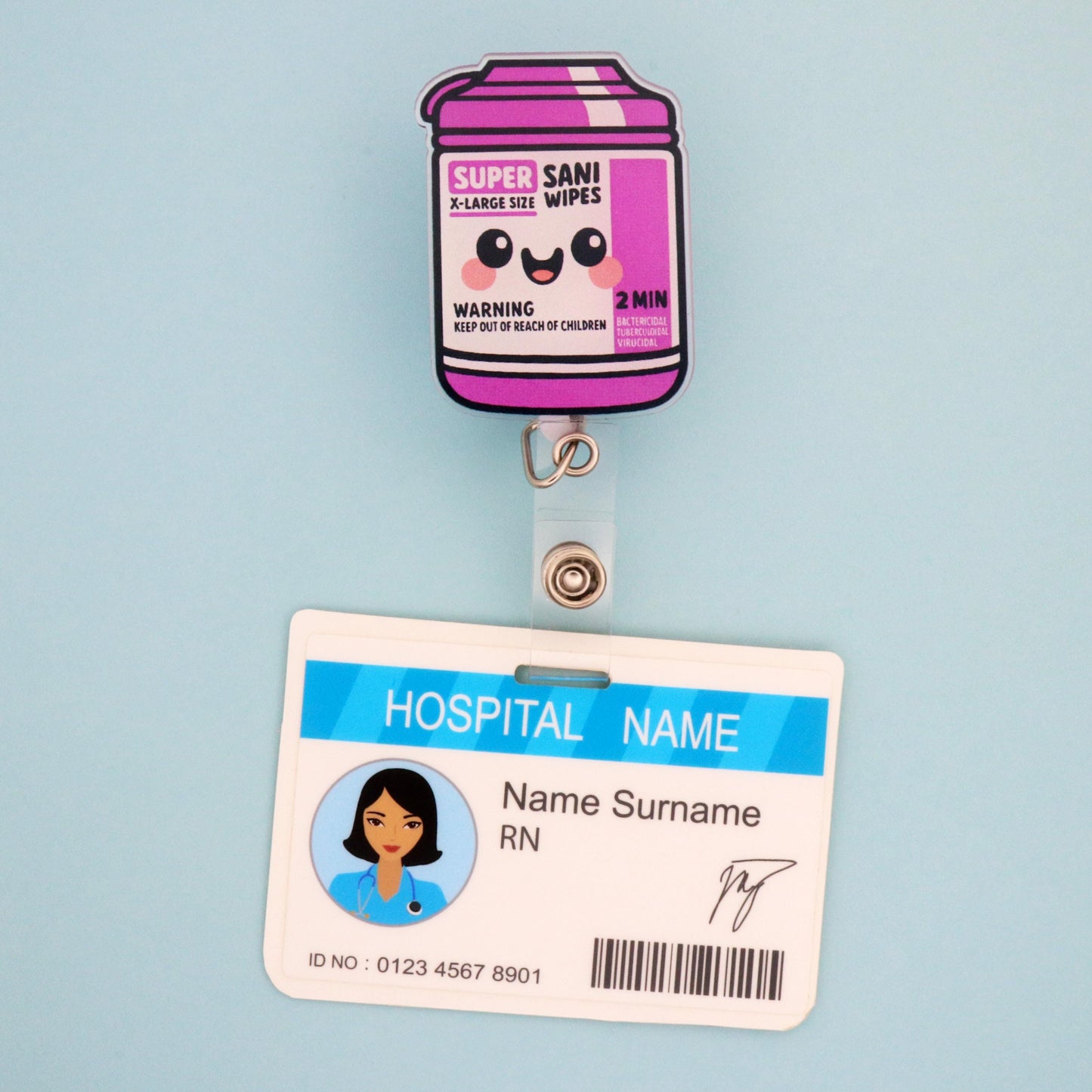 Sani Wipes Kawaii Badge Reel I Funny Acrylic ID Holder for Healthcare Workers