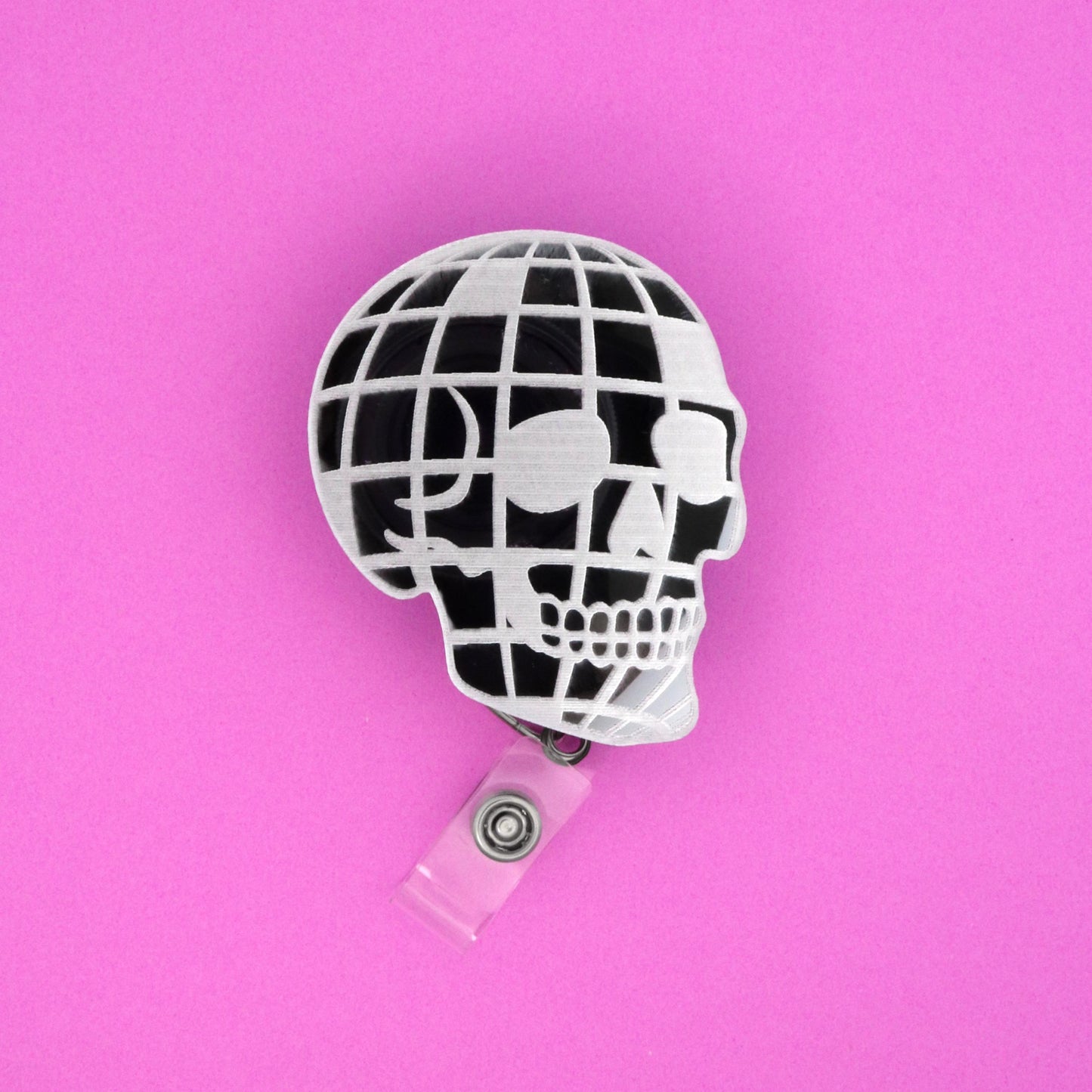 Disco Ball Skull Badge Reel | Engraved Mirror Acrylic Skull