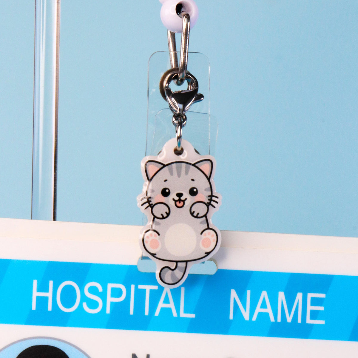 Cat Badge Reel Charm | Kawaii Kitty Double-Sided Acrylic Clip-On | Vet Tech Gift