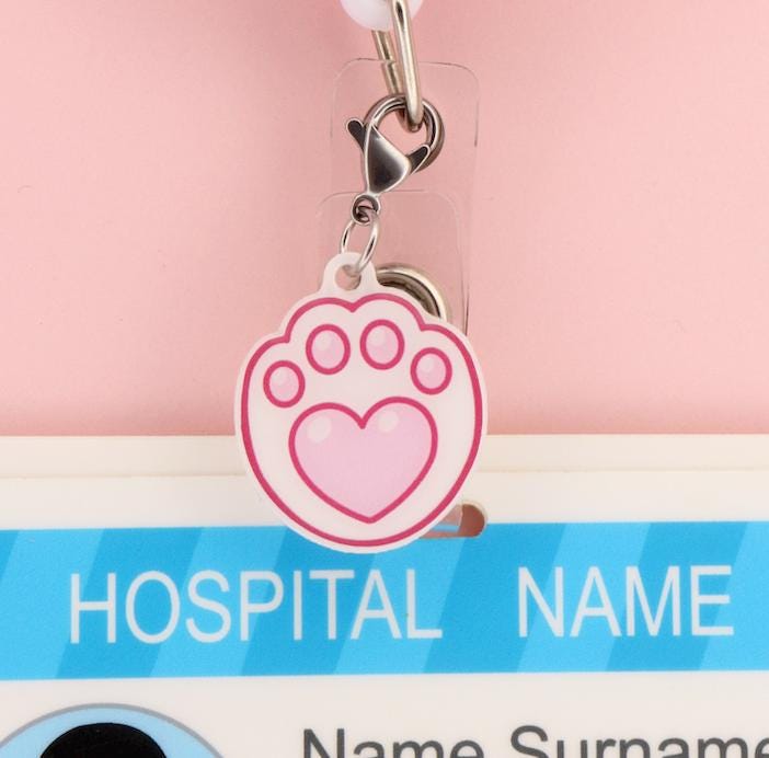 Cat Paw Heart Badge Charm | White & Pink Pet Lover | Vet Tech Nurse Gift