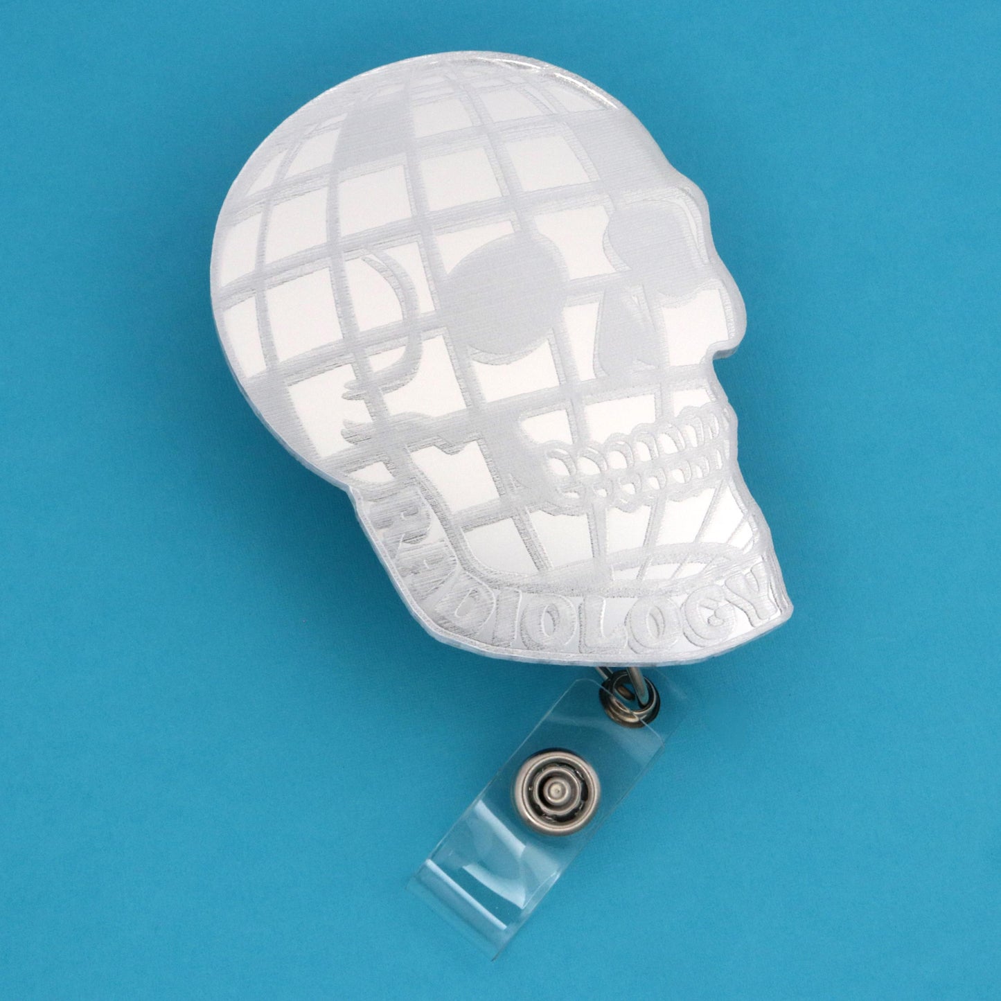 Disco Ball Skull Badge Reel | Radiology Engraved Mirror Acrylic | Retractable ID Holder