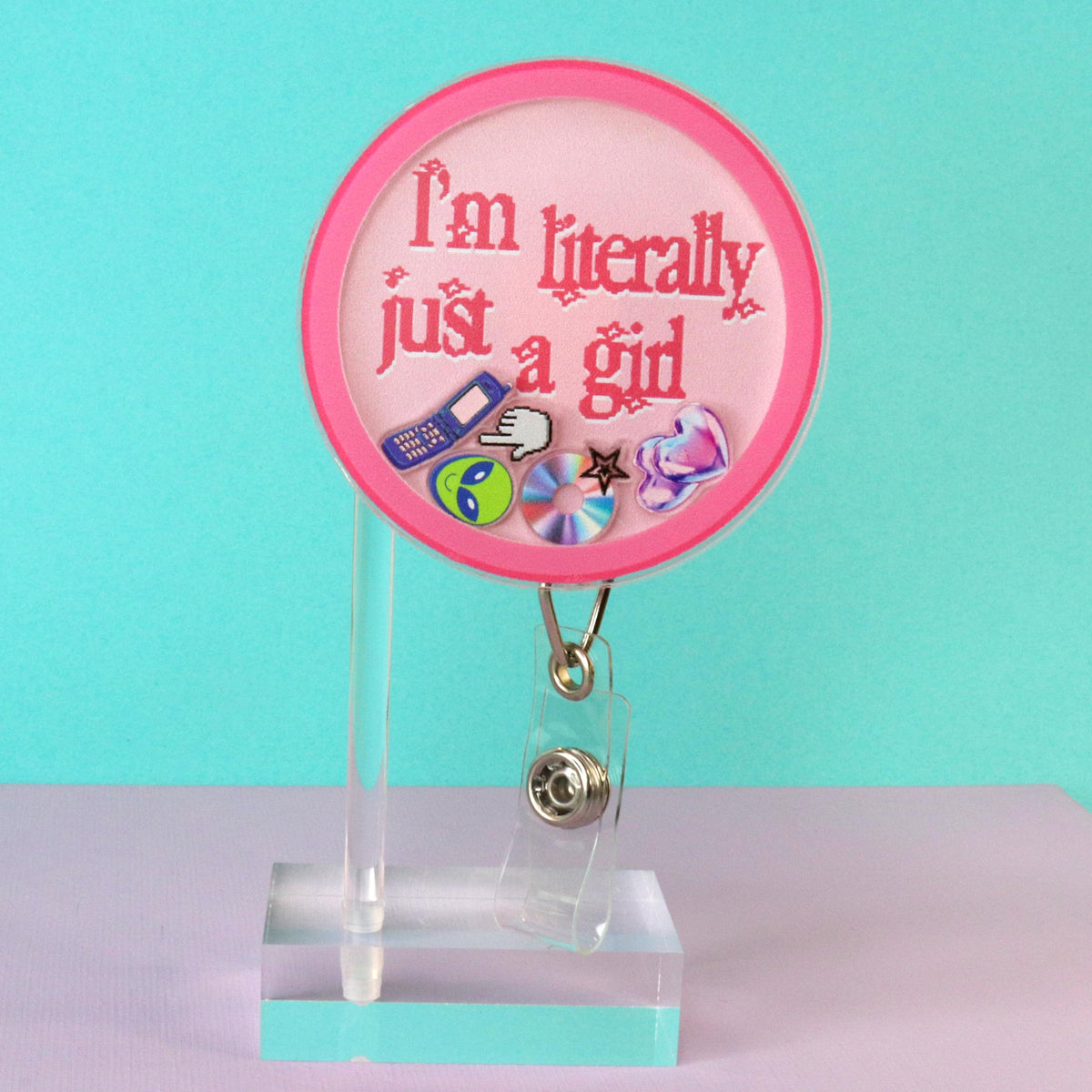 I'm Literally Just A Girl Shaker Badge Reel | Y2K Pink ID Holder | Girly Nurse Gift