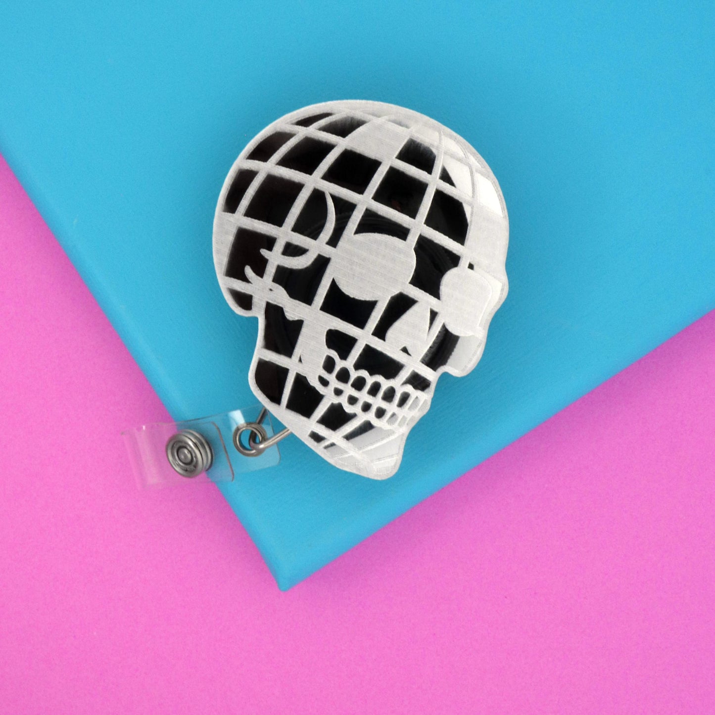 Disco Ball Skull Badge Reel | Engraved Mirror Acrylic Skull