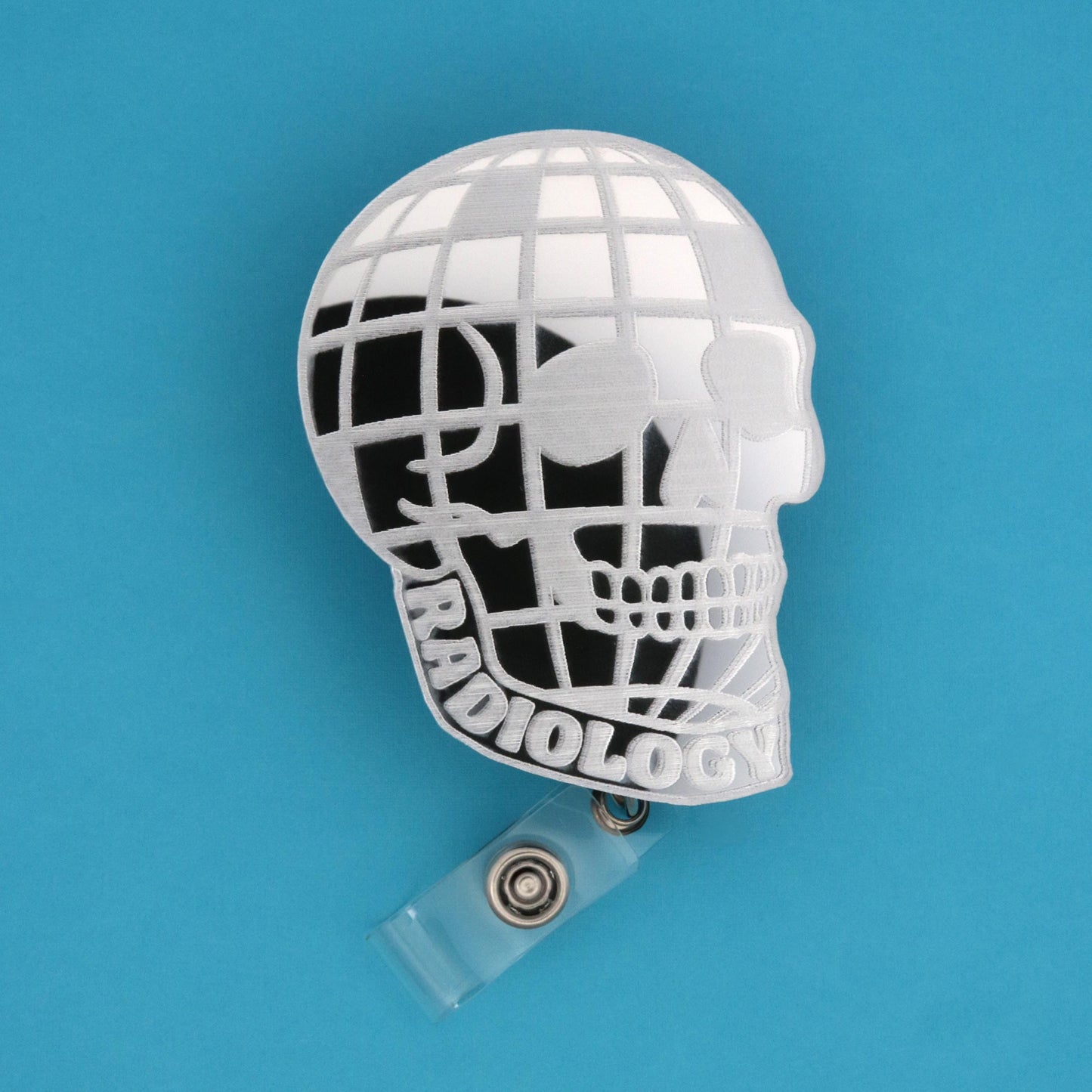 Disco Ball Skull Badge Reel | Radiology Engraved Mirror Acrylic | Retractable ID Holder