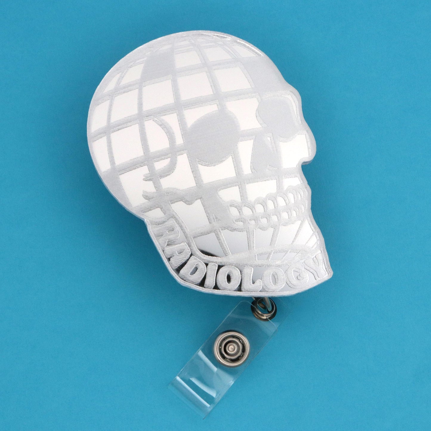 Disco Ball Skull Badge Reel | Radiology Engraved Mirror Acrylic | Retractable ID Holder