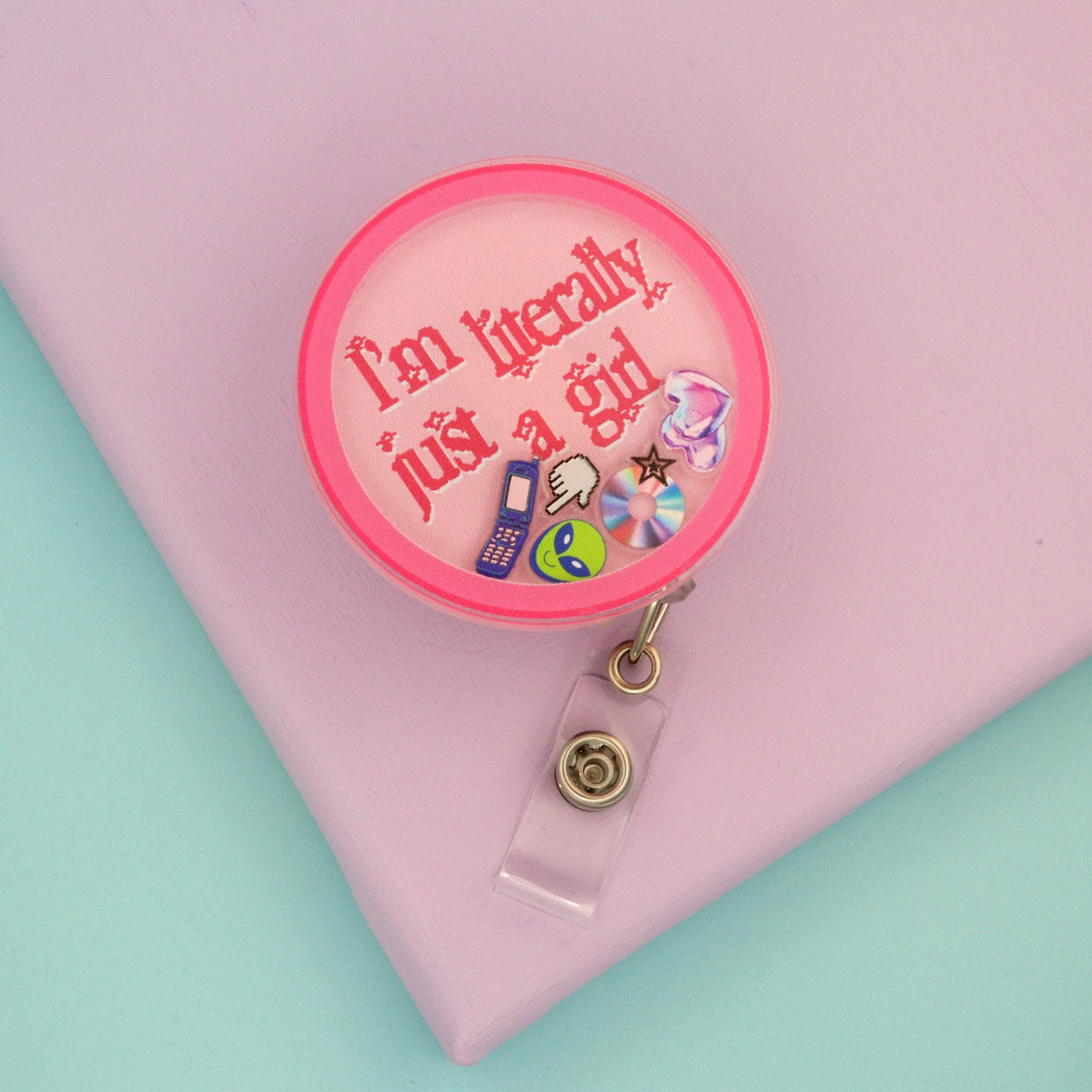 I'm Literally Just A Girl Shaker Badge Reel | Y2K Pink ID Holder | Girly Nurse Gift