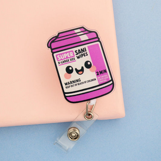 Sani Wipes Kawaii Badge Reel I Funny Acrylic ID Holder for Healthcare Workers