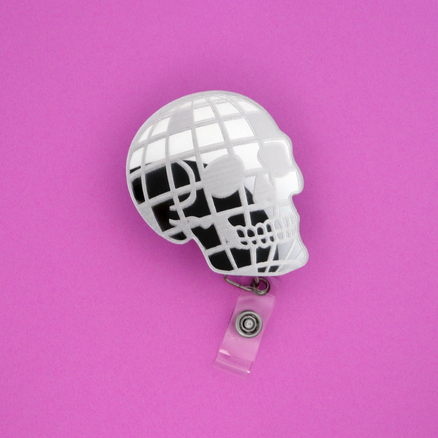 Disco Ball Skull Badge Reel | Engraved Mirror Acrylic Skull