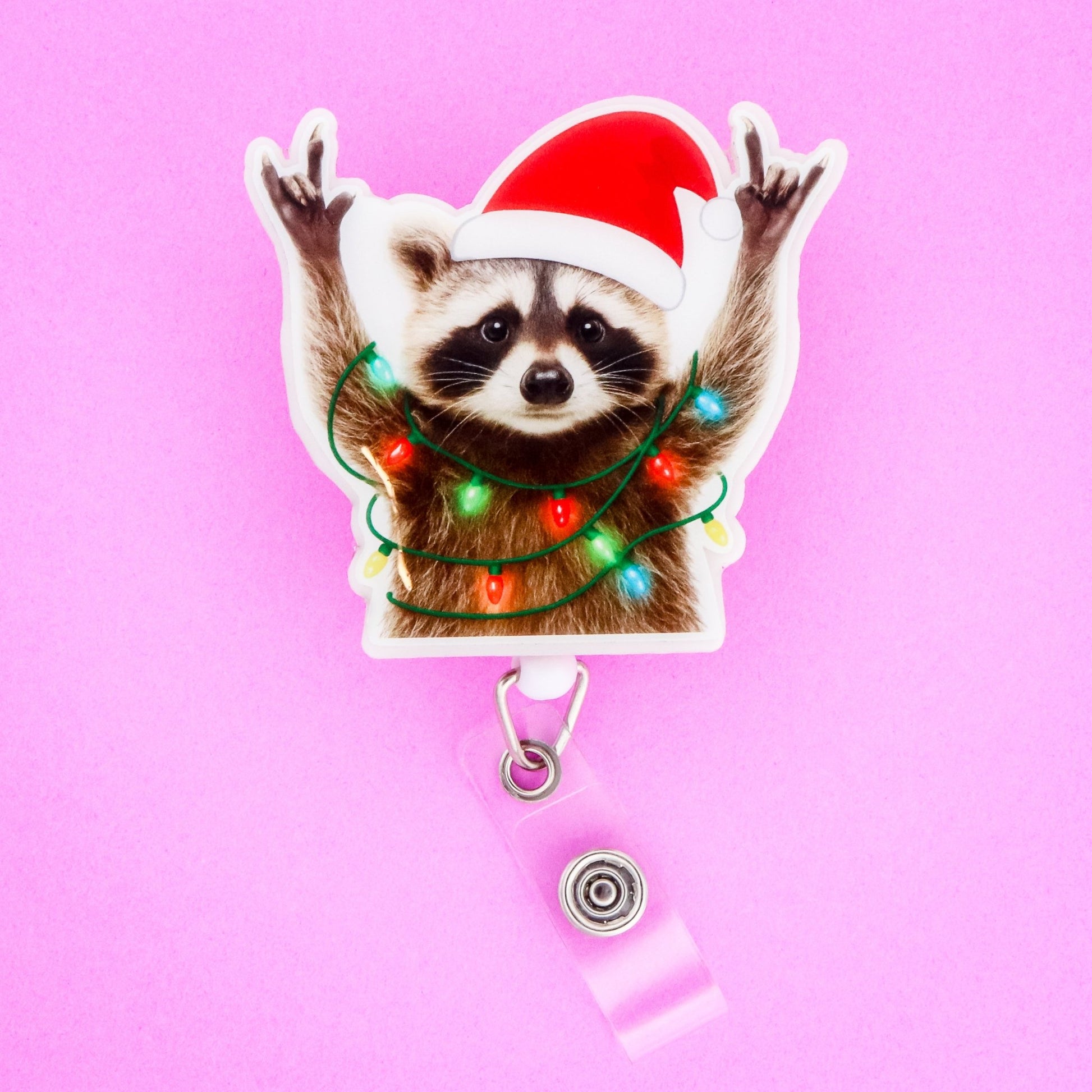 Badge Reel - Christmas Raccoon - Acclaim Status CoAcclaim Status CoAlligator Clip