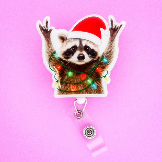 Badge Reel - Christmas Raccoon - Acclaim Status CoAcclaim Status CoAlligator Clip