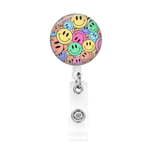 Badge Reel - Cute Happy Face Rainbow ER Nurse ID Retractable Name Tag Buddy - Acclaim Status Co Acclaim Status Co Alligator Clip