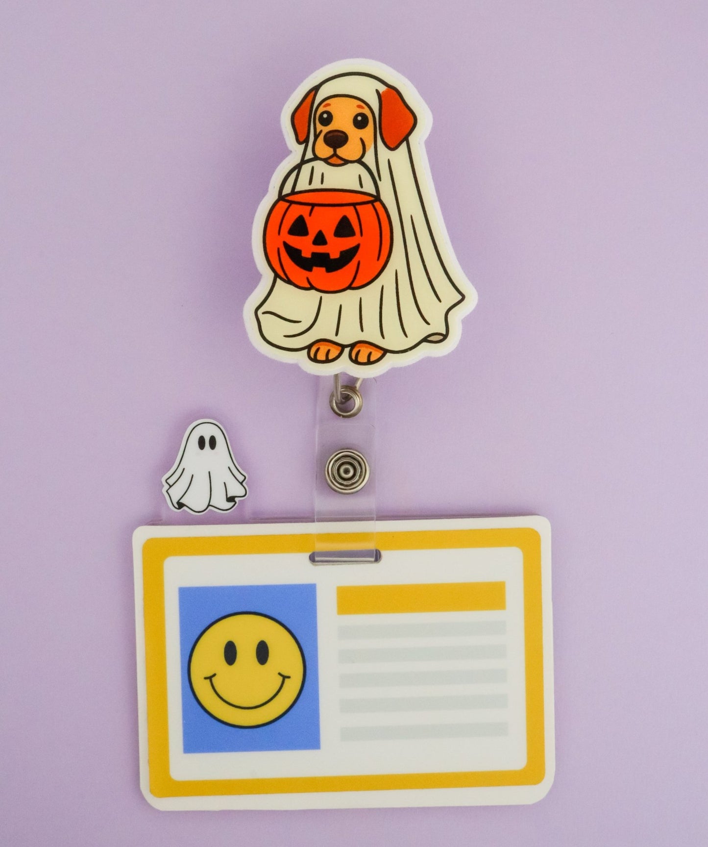 Badge Reel - Halloween Ghost Dog - Acclaim Status CoAcclaim Status CoAlligator Clip