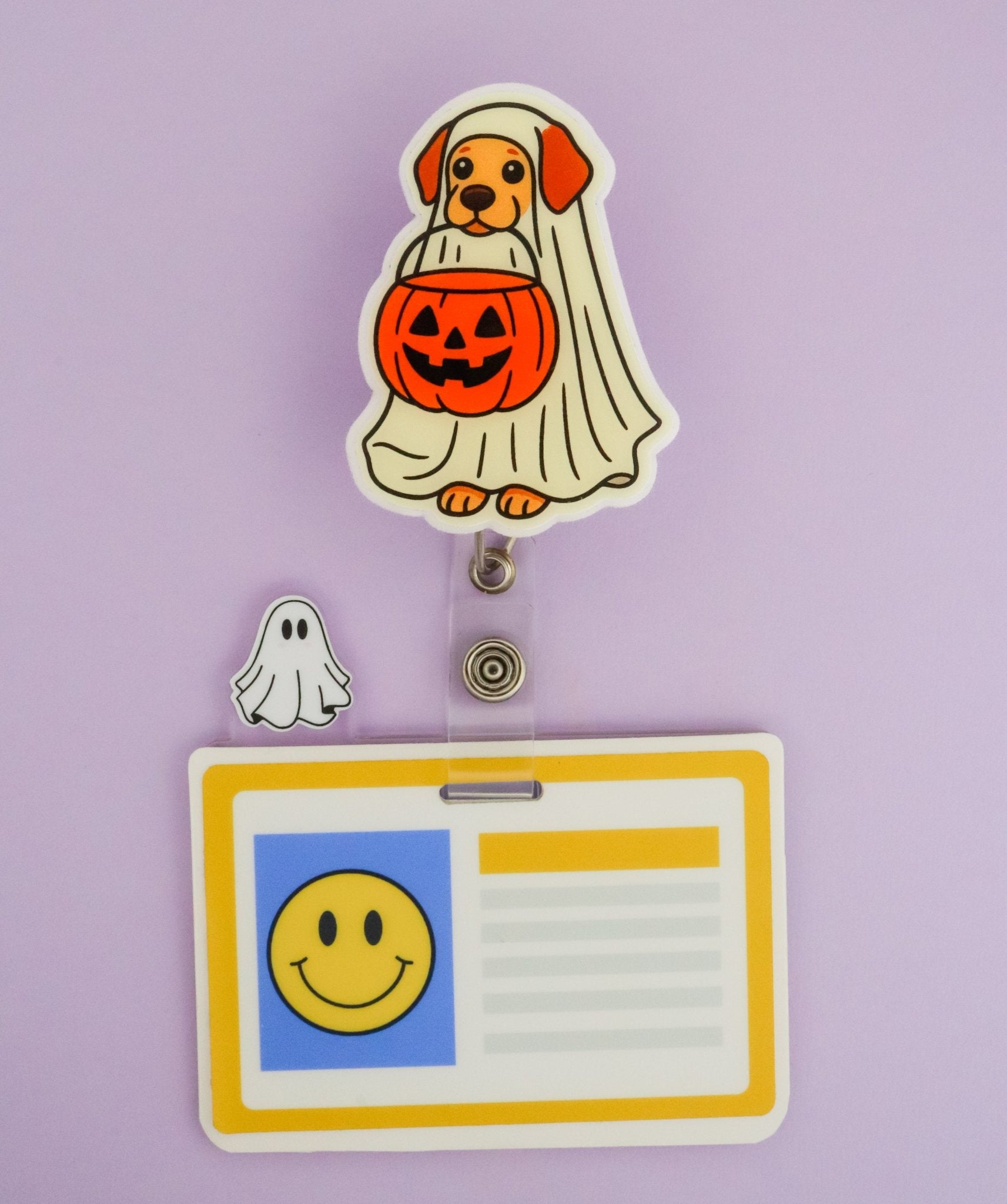 Badge Reel - Halloween Ghost Dog - Acclaim Status CoAcclaim Status CoAlligator Clip