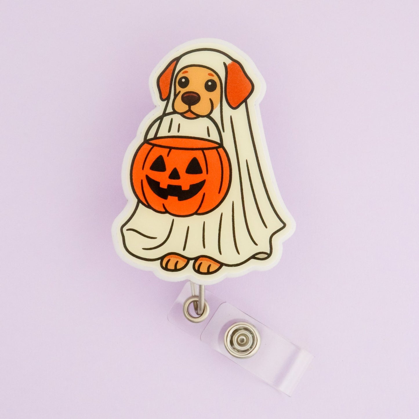 Badge Reel - Halloween Ghost Dog - Acclaim Status CoAcclaim Status CoAlligator Clip