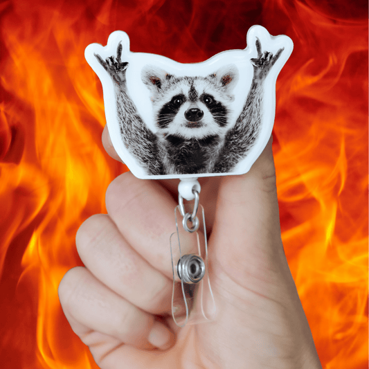 Badge Reel - Raccoon Hands Up - Acclaim Status CoAcclaim Status CoAlligator Clip