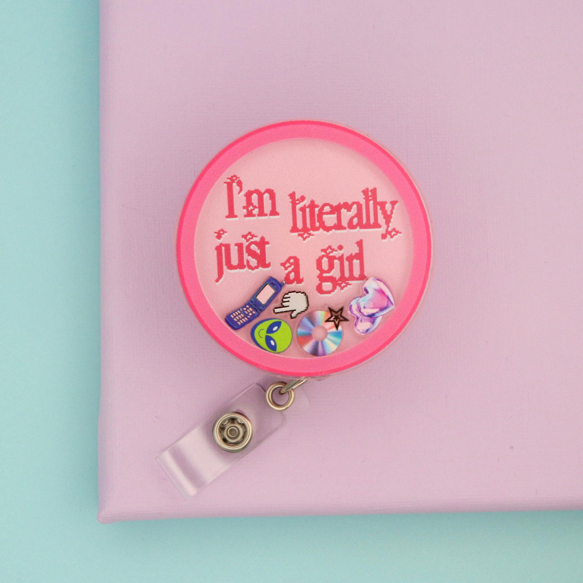 I'm Literally Just A Girl Shaker Badge Reel | Y2K Pink ID Holder | Girly Nurse Gift