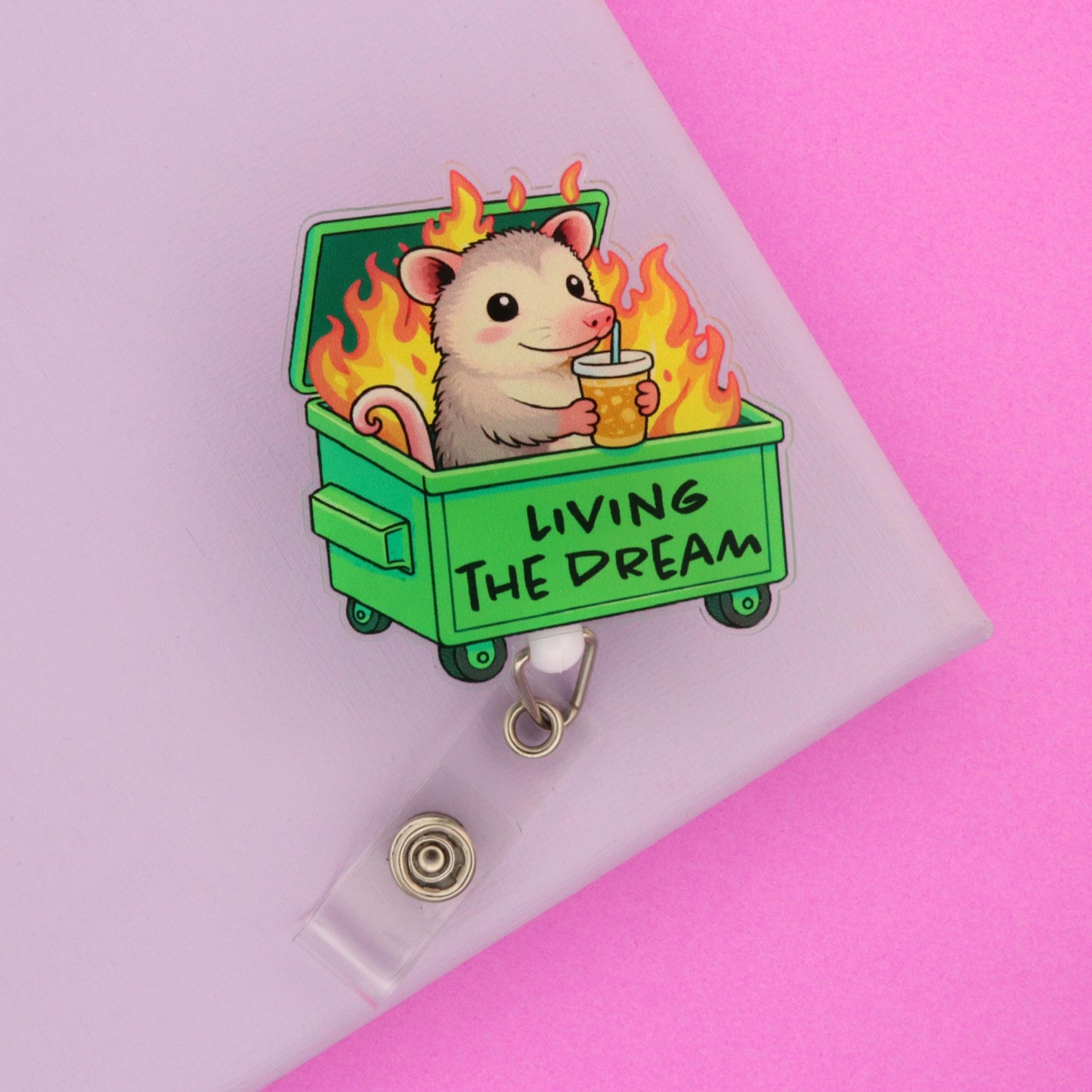 Possum Dumpster Fire Badge Reel: Funny Retractable ID Holder