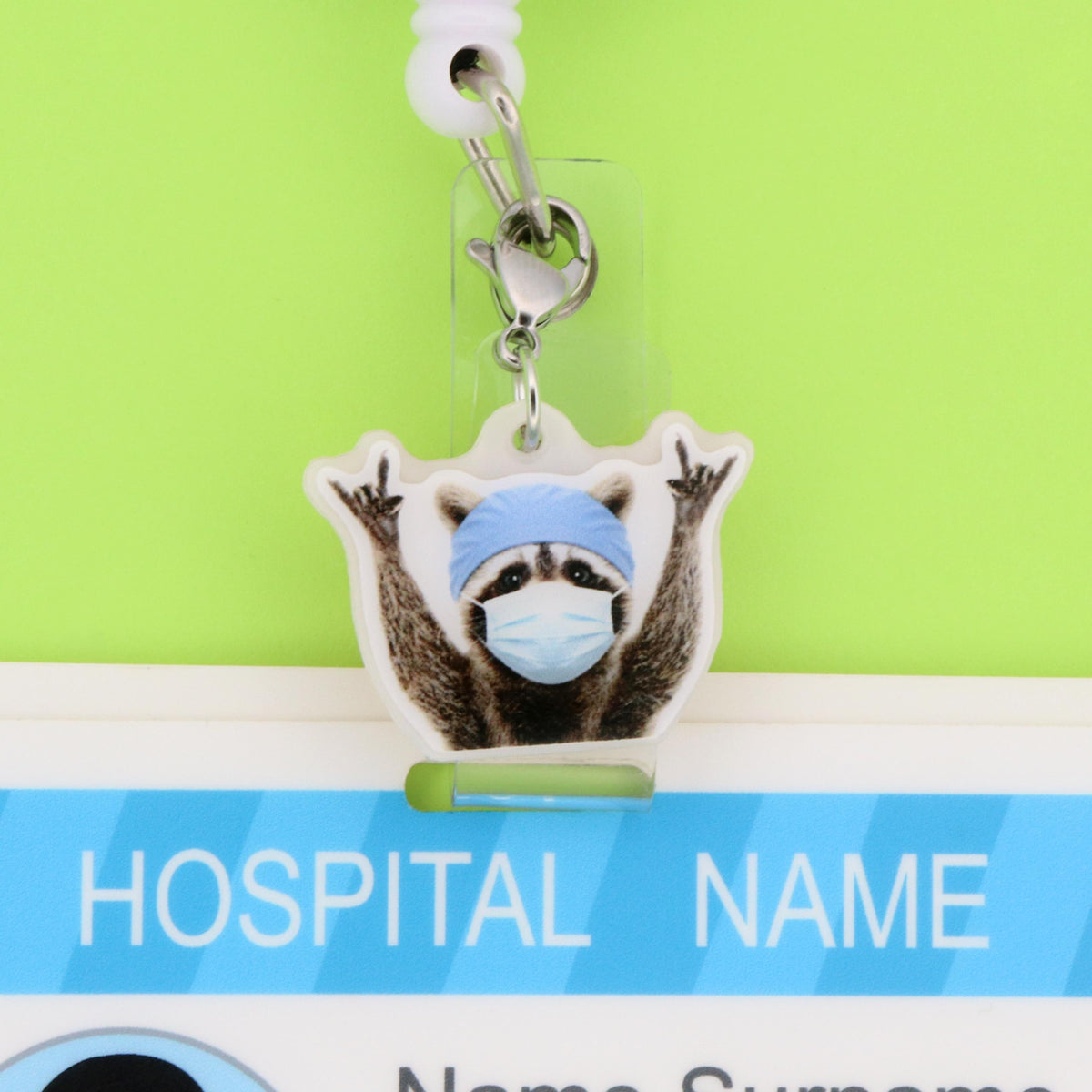 Surgical Raccoon Badge Reel Charm | Funny OR Nurse Acrylic Clip Accessory