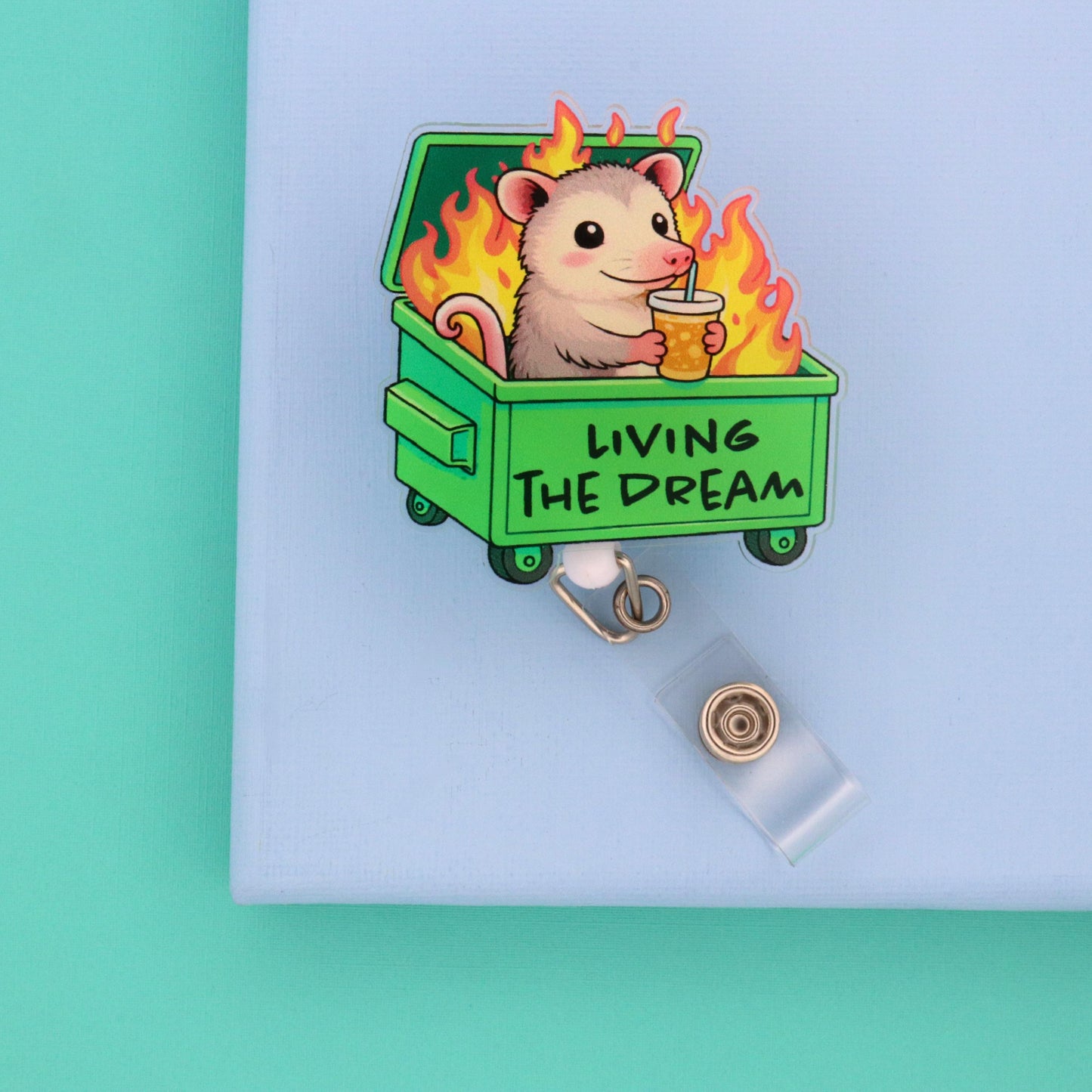 Possum Dumpster Fire Badge Reel: Funny Retractable ID Holder
