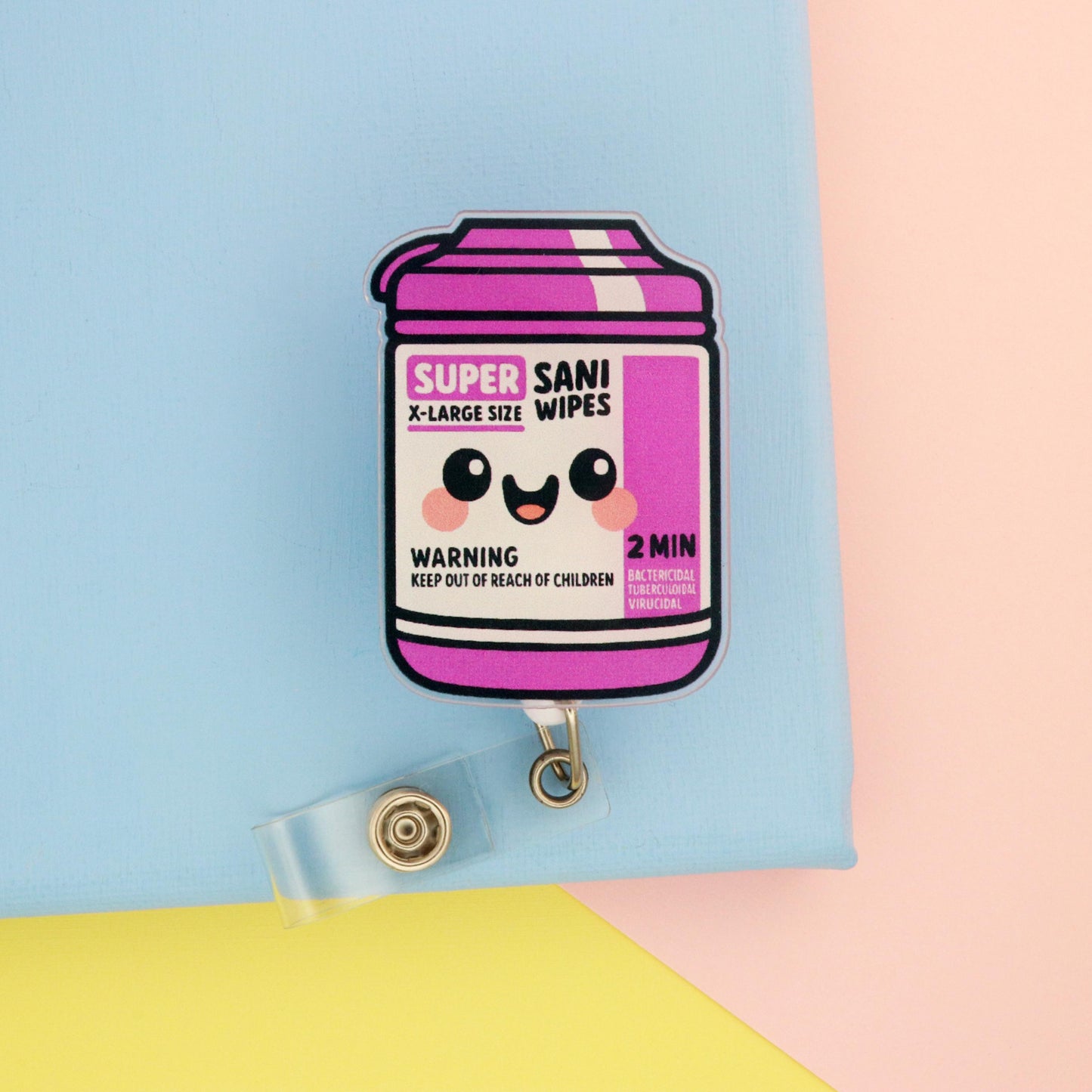 Sani Wipes Kawaii Badge Reel I Funny Acrylic ID Holder for Healthcare Workers