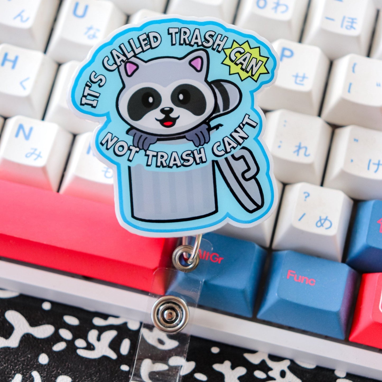 Funny Badge Reel - Raccoon Trash Can Not Trash Can't - Acclaim Status Co Acclaim Status Co Alligator ClipBlue